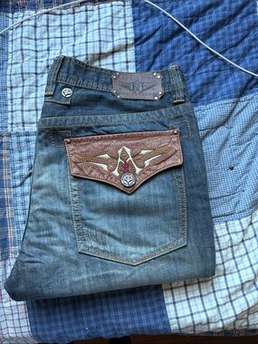 Affliction Men’s Blue Slim Straight Jeans with Brown Embroidered Flap